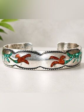 Signed JRB Zuni Sterling Silver Inlay Cuff Bracelet Turquoise Coral Vintage 21g